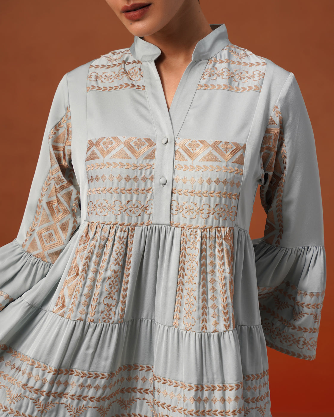 The Lumière Edit - The Elara Mist Blue Embroidered Tiered Dress