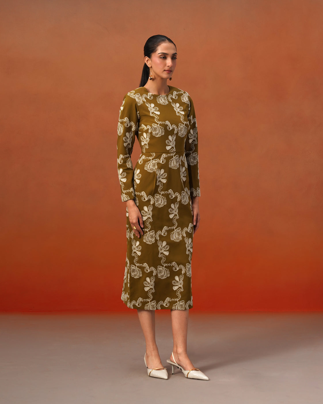 The Lumière Edit - The Amara Olive Embroidered Sheath Dress