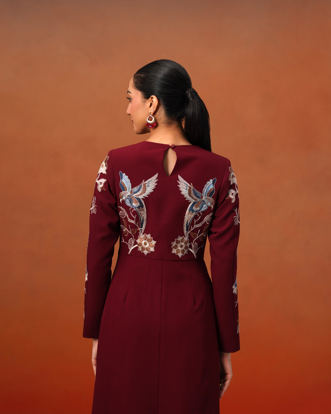 The Lumière Edit - The Valentina Burgundy Embroidered Avian Sheath Dress