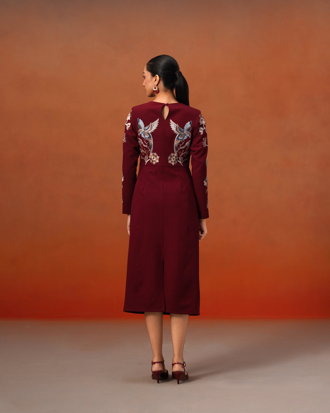 The Lumière Edit - The Valentina Burgundy Embroidered Avian Sheath Dress