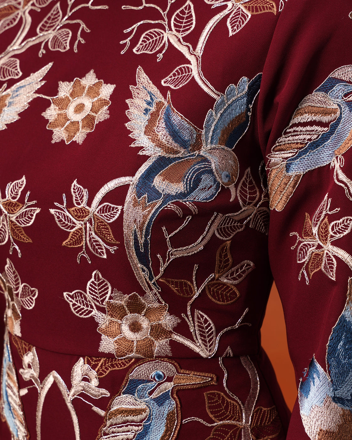 The Lumière Edit - The Valentina Burgundy Embroidered Avian Sheath Dress