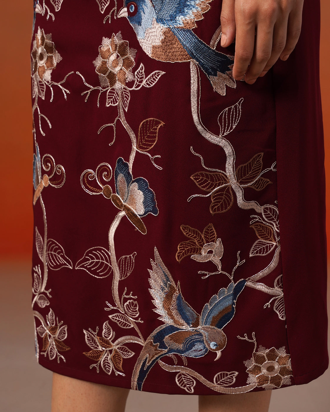The Lumière Edit - The Valentina Burgundy Embroidered Avian Sheath Dress