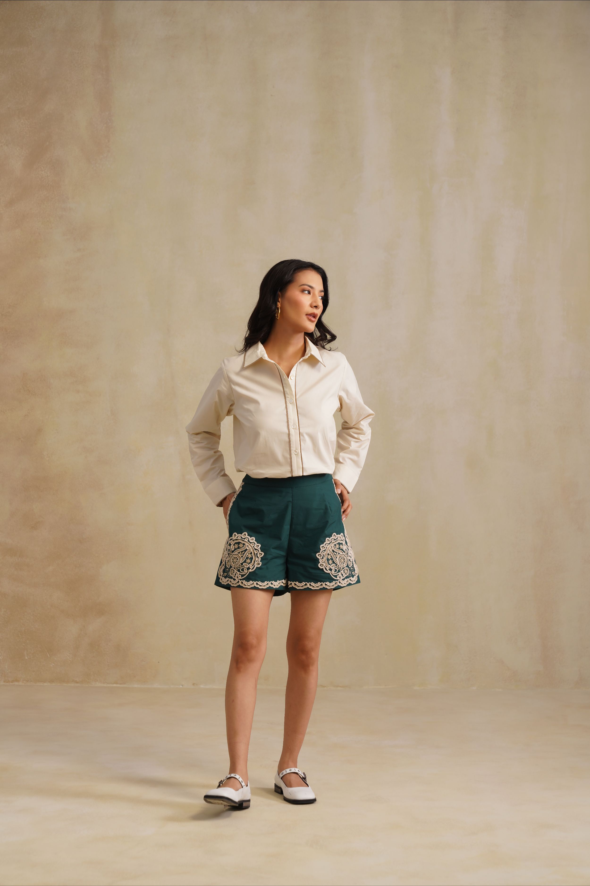 Cream Shirt And Deep Green Embroidered Shorts Set