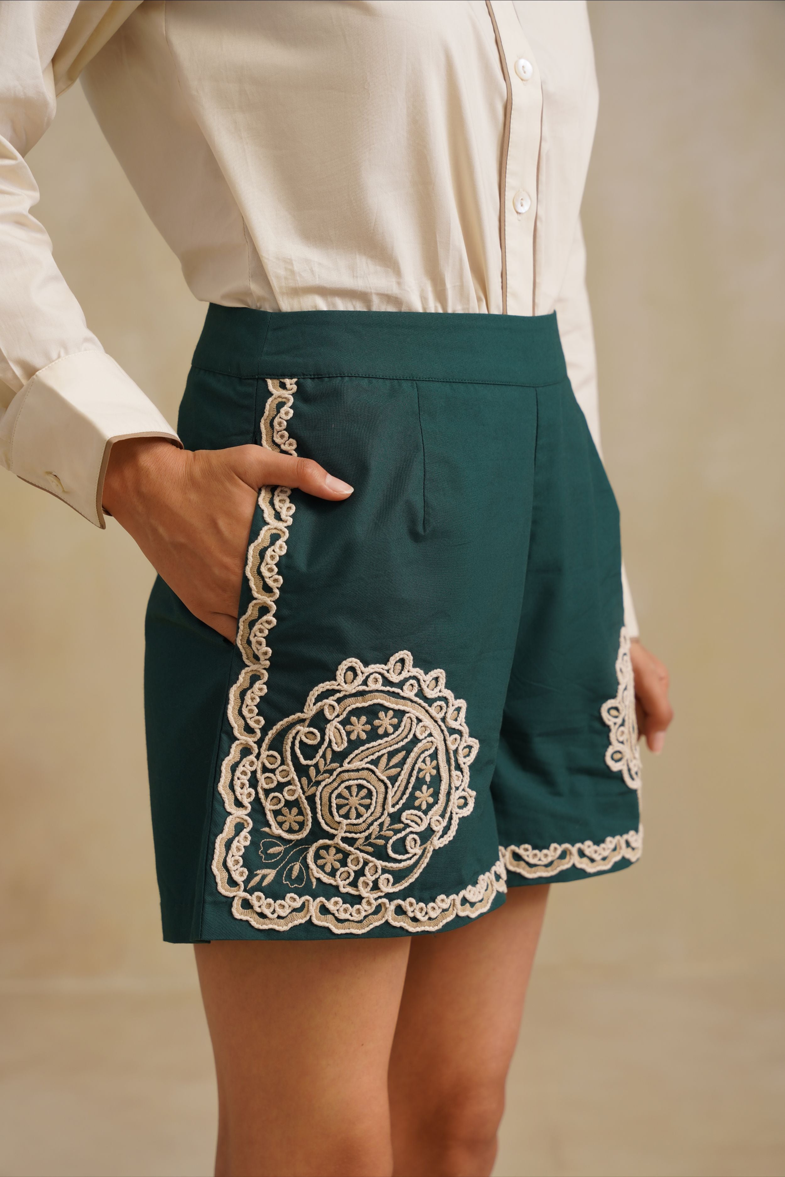 Deep Green Embroidered Shorts