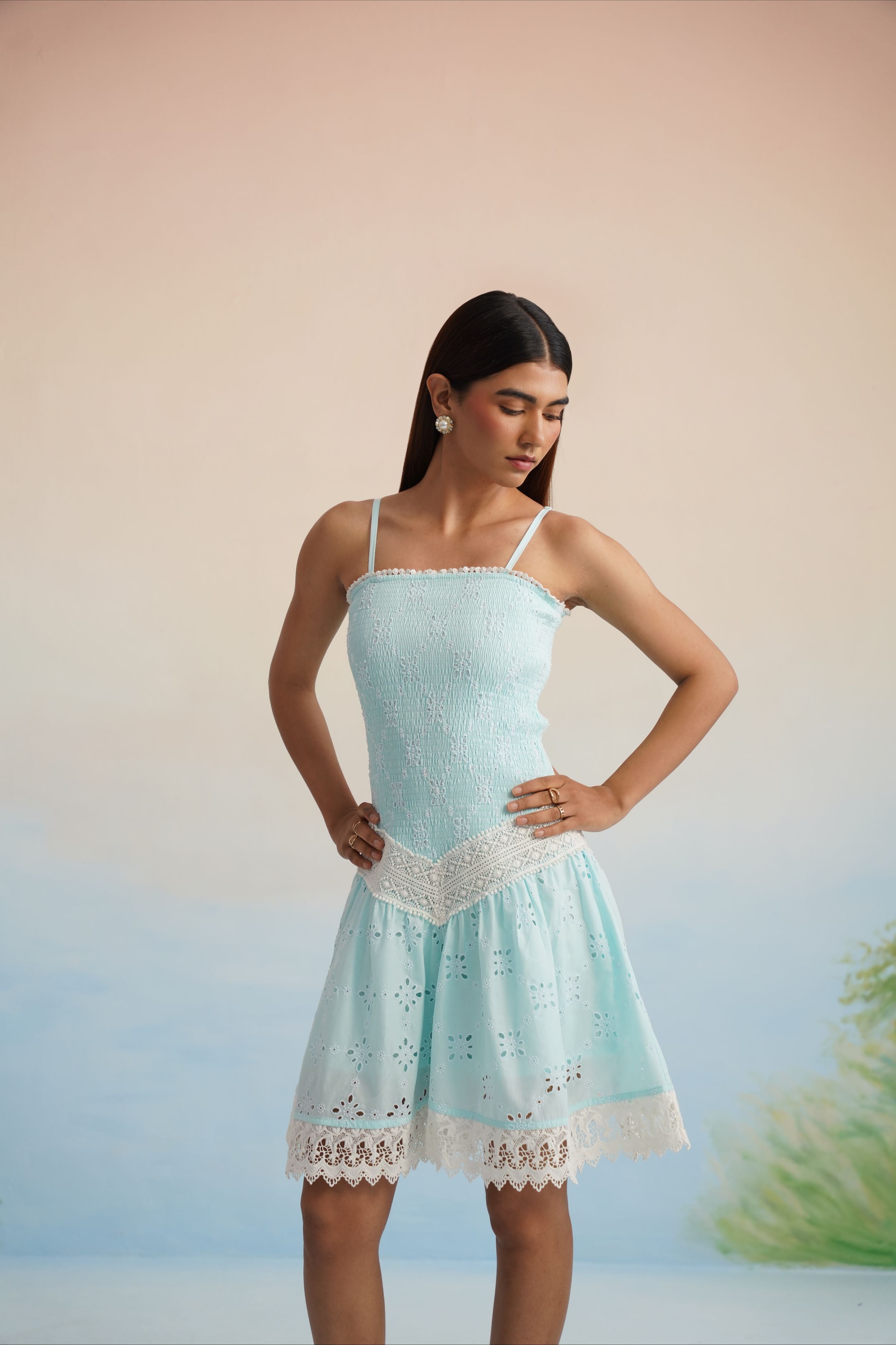 Bulevar Blossom - The Aqua Breeze Smocked Eyelet Mini Dress