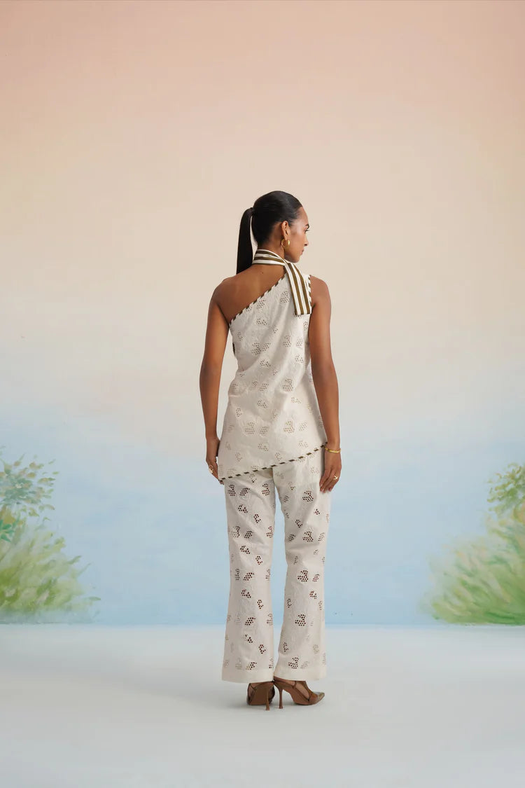 Sharnamli Mehra in The Santorini One-Shoulder Cutwork Pant Set