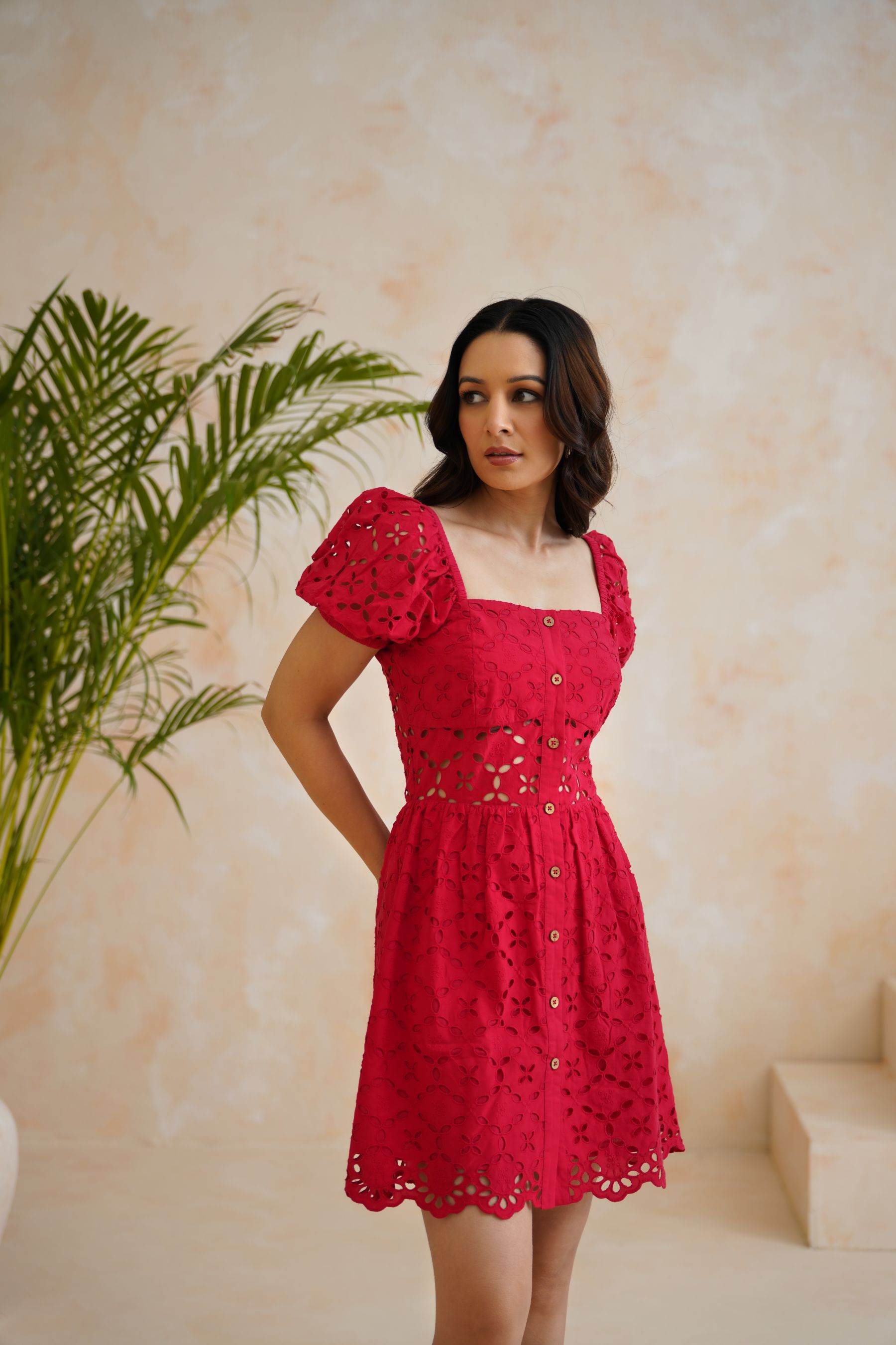 The Carmela Red Eyelet Mini Dress