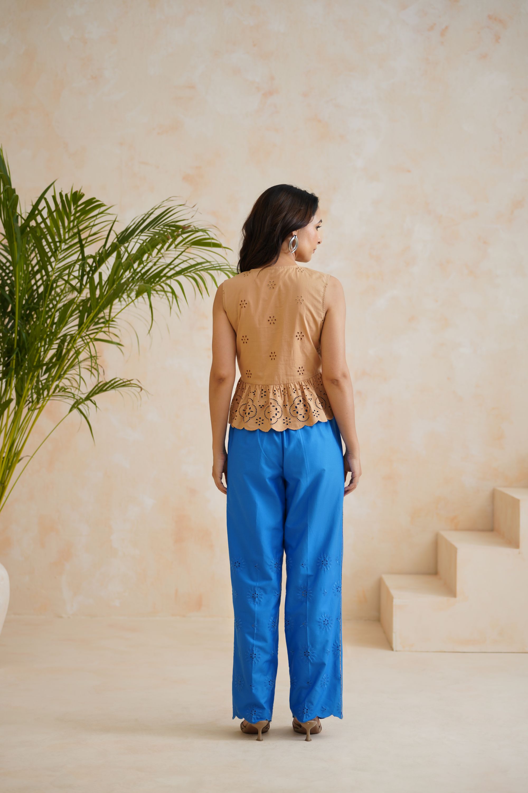 Tropical Oasis - The Artisan Beige & Blue Laser-Cut Peplum Set