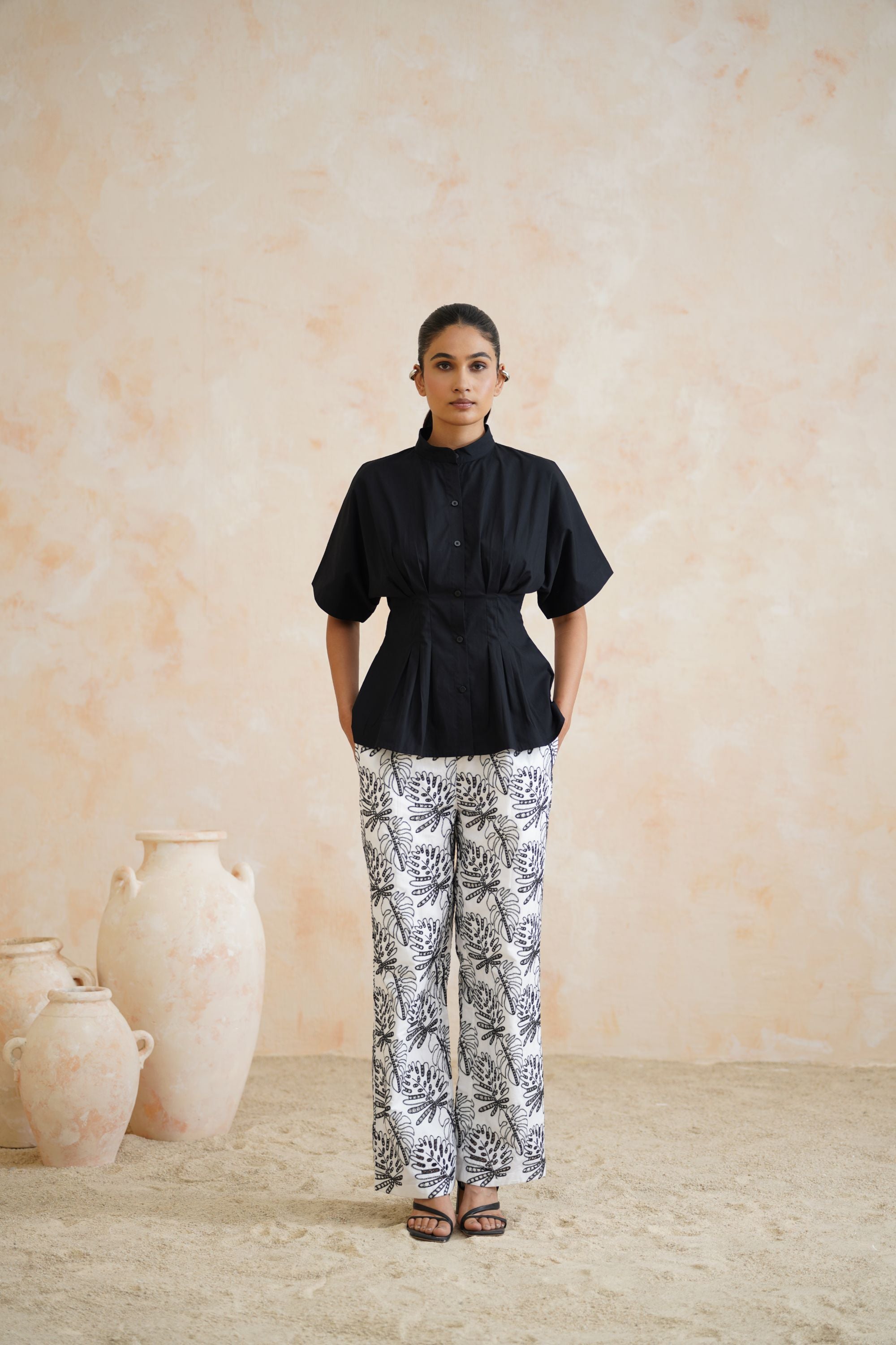 Monochrome Grove Pleated Black Top