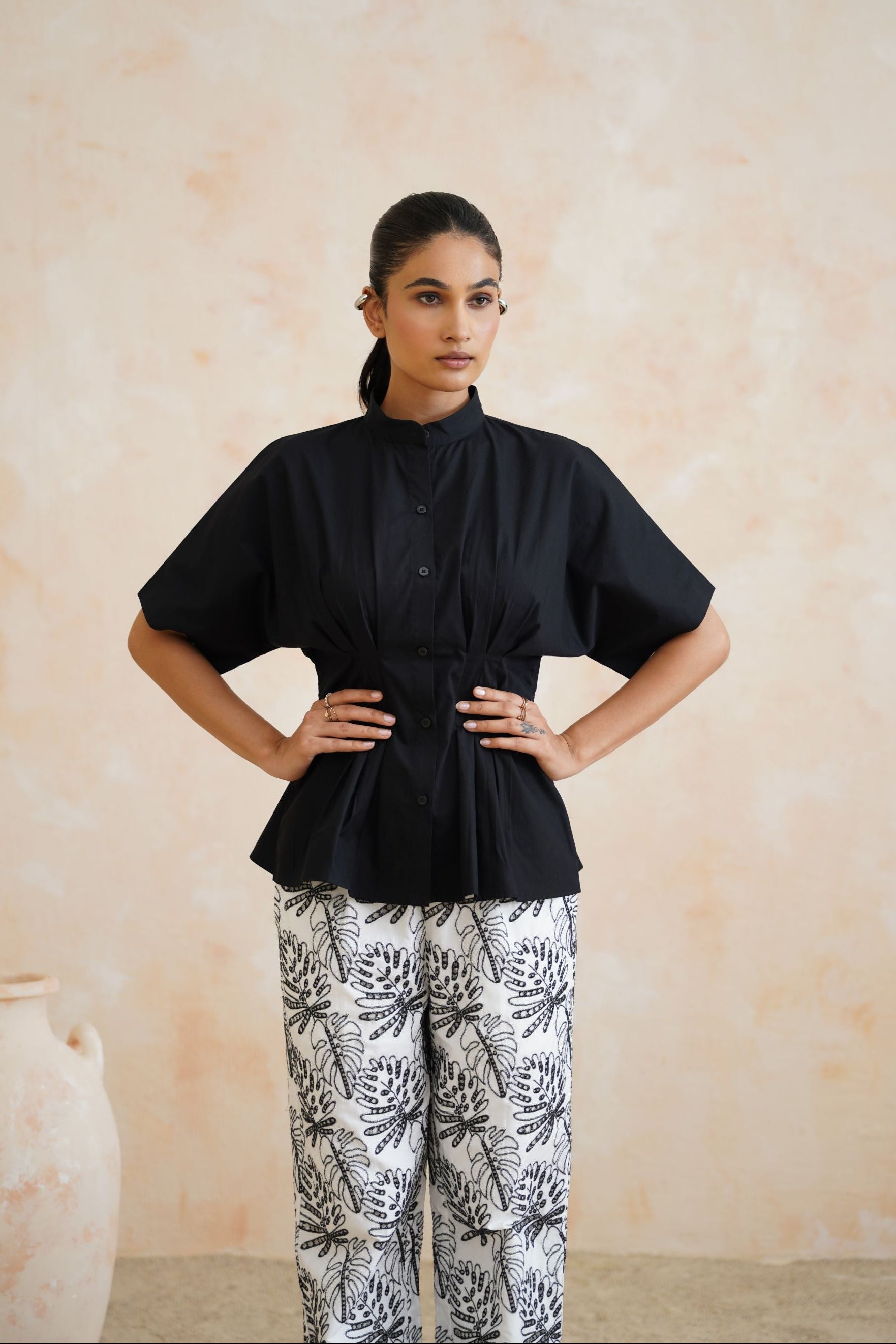 Monochrome Grove Pleated Black Top