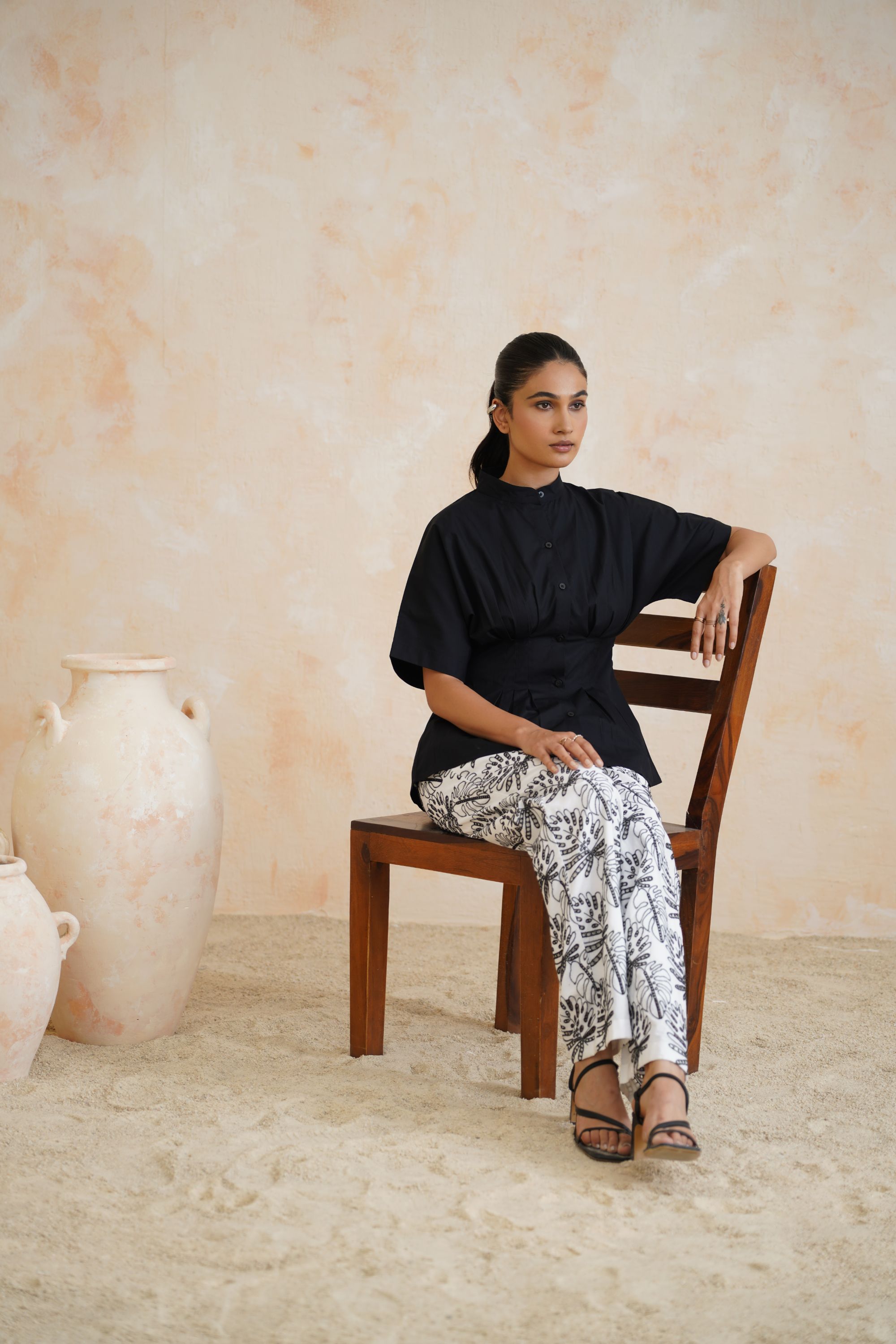 Monochrome Grove Pleated Black Top