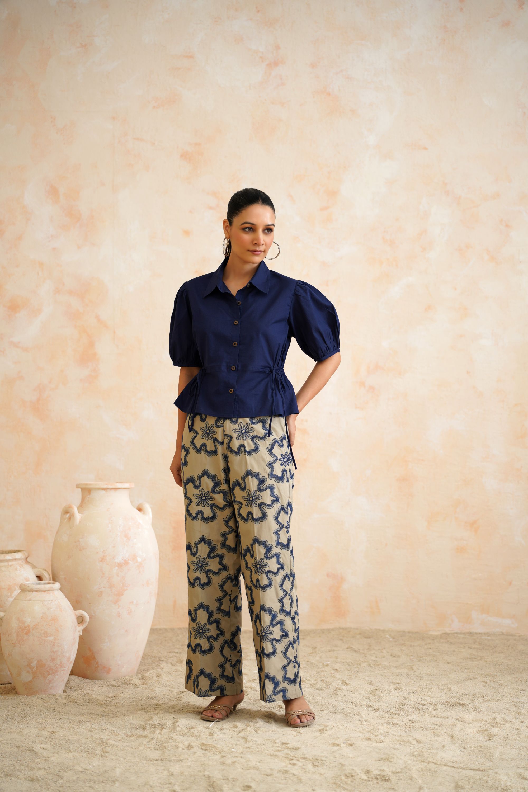 The Harper Navy Peplum Shirt & Floral Trouser Set