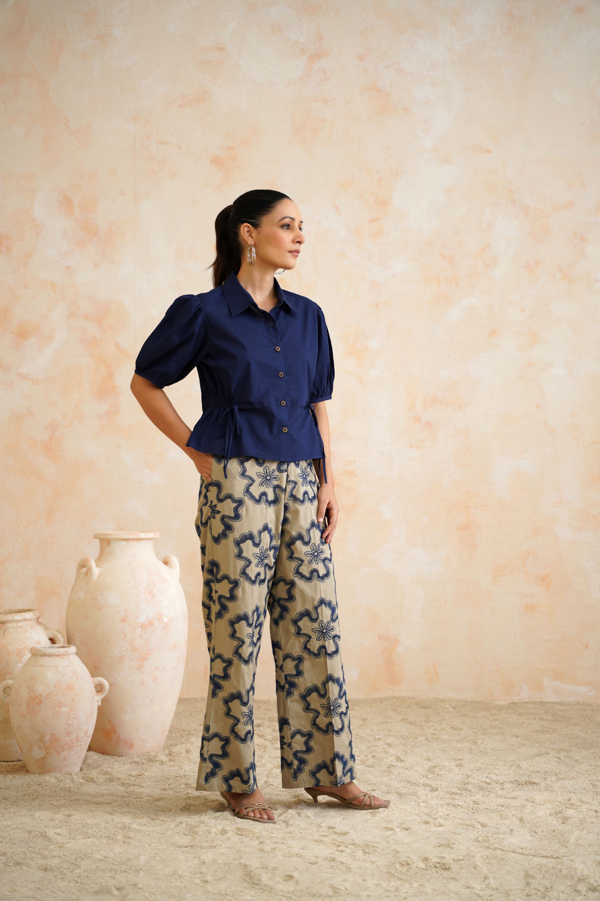 The Harper Navy Peplum Shirt & Floral Trouser Set