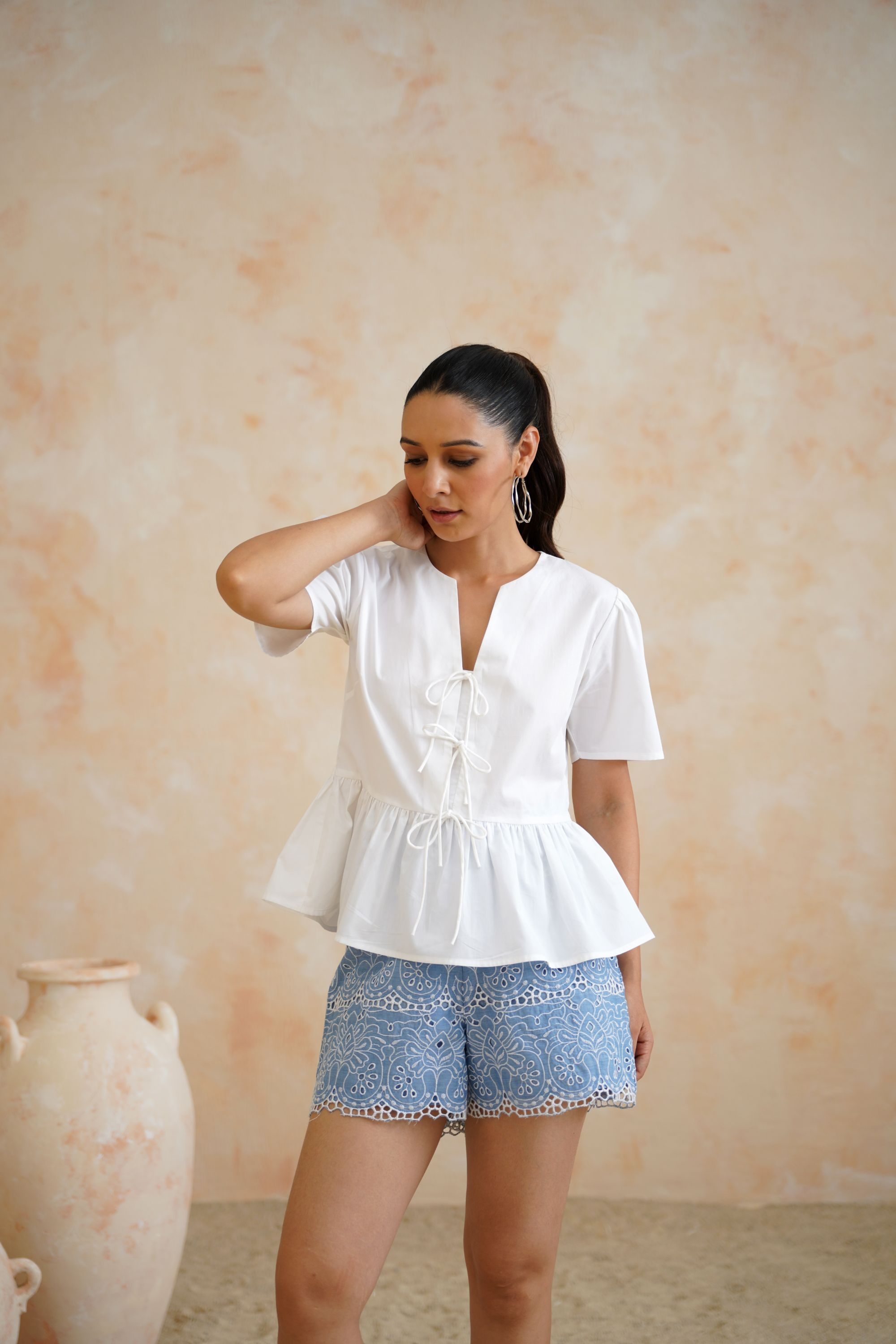 Tropical Oasis - The Marbella White Tie-Front Peplum & Blue Eyelet Shorts Set