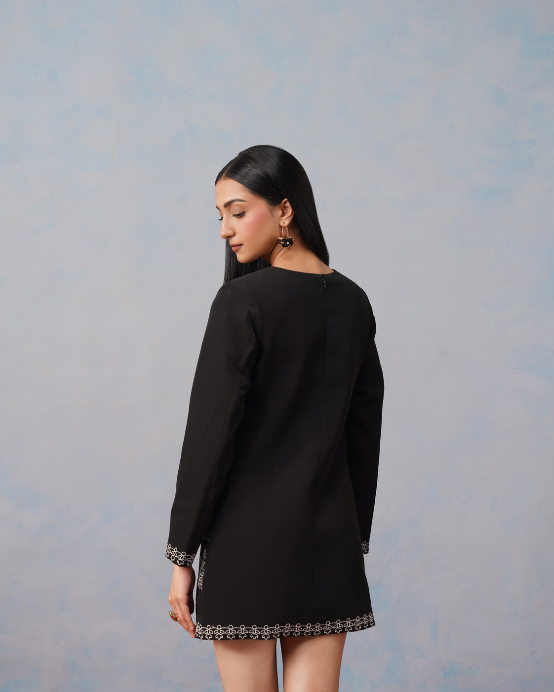 The Lumière Edit - The Cleo Paisley-Border Embroidered Black Crepe Mini Dress