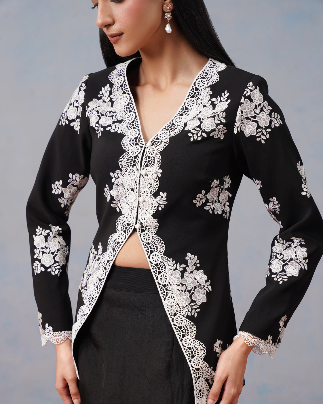 The Lumière Edit - The Odette Floral Lace Cutaway Jacket & Illusion Skirt Set