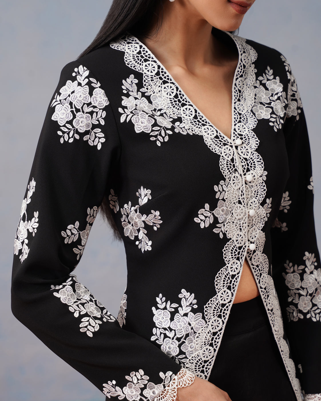The Lumière Edit - The Odette Floral Lace Cutaway Jacket & Illusion Skirt Set
