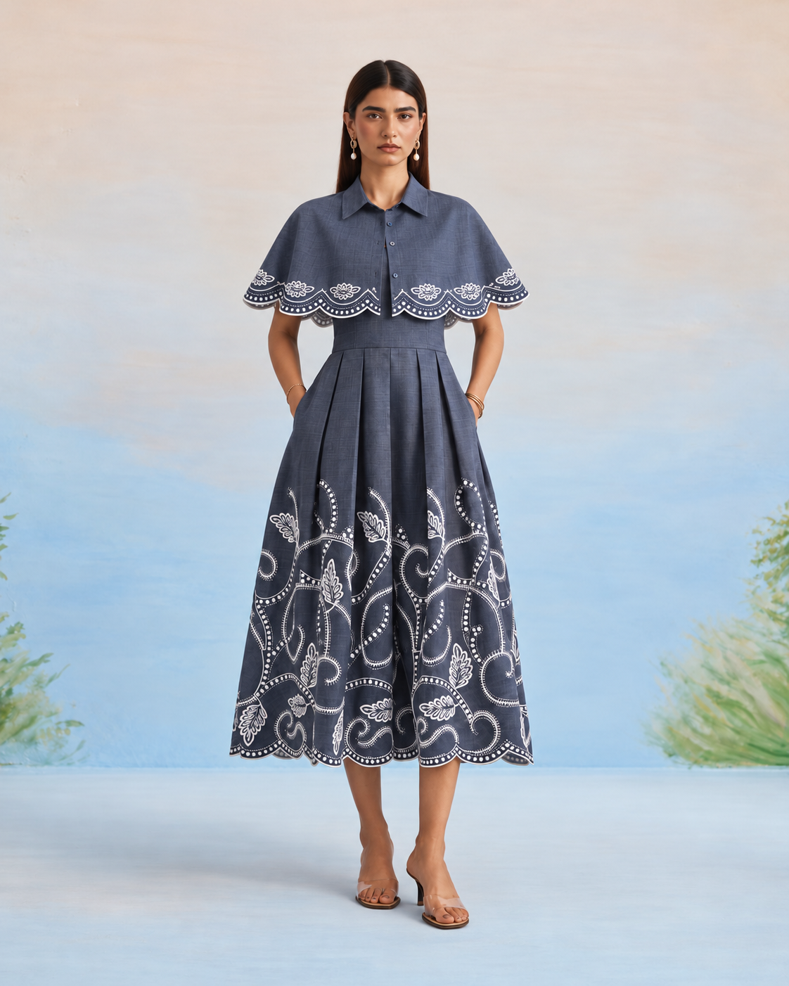 The Indigo Vine Embroidered Cape & Midi Dress Set