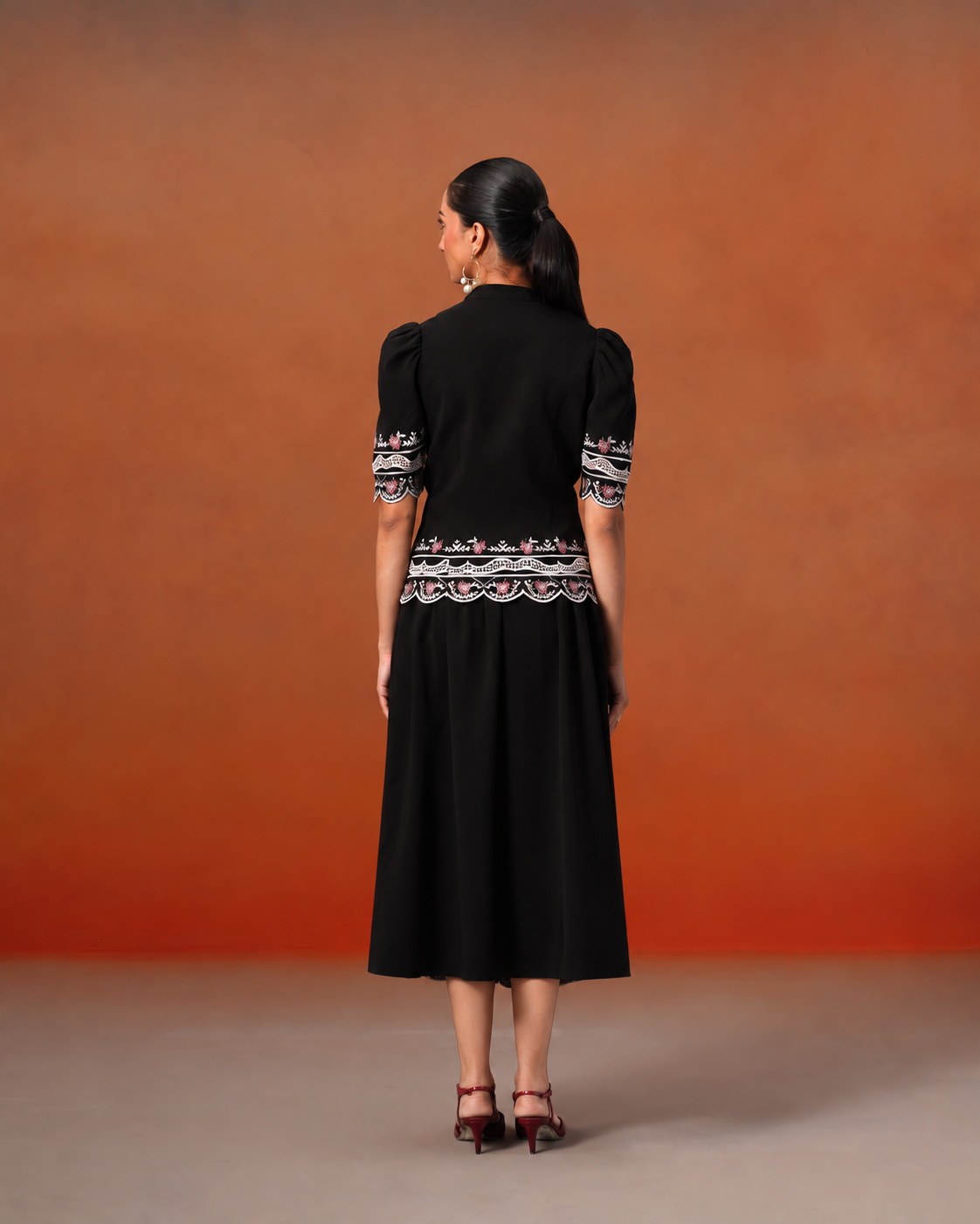The Lumière Edit - The Lyra Black Floral Embroidered Mandarin Collar Top & Midi Skirt Set
