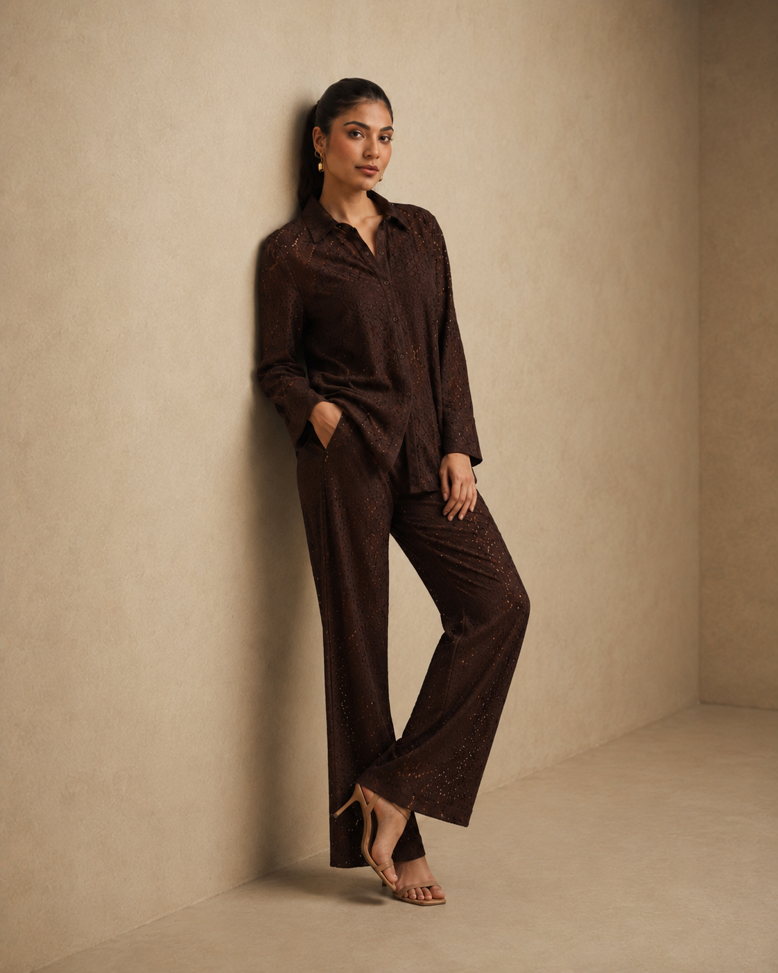 Sunset Soiree - The Havana Espresso Raschel Shirt Set