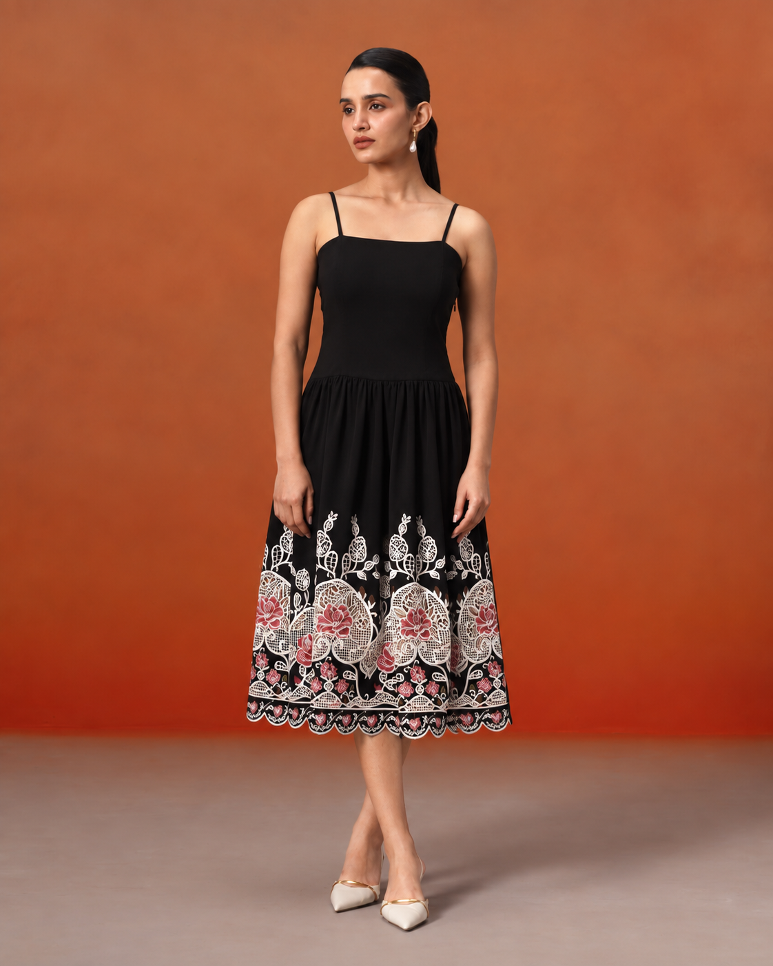 The Lumière Edit - The Elara Black Embroidered Cape & Midi Dress Set