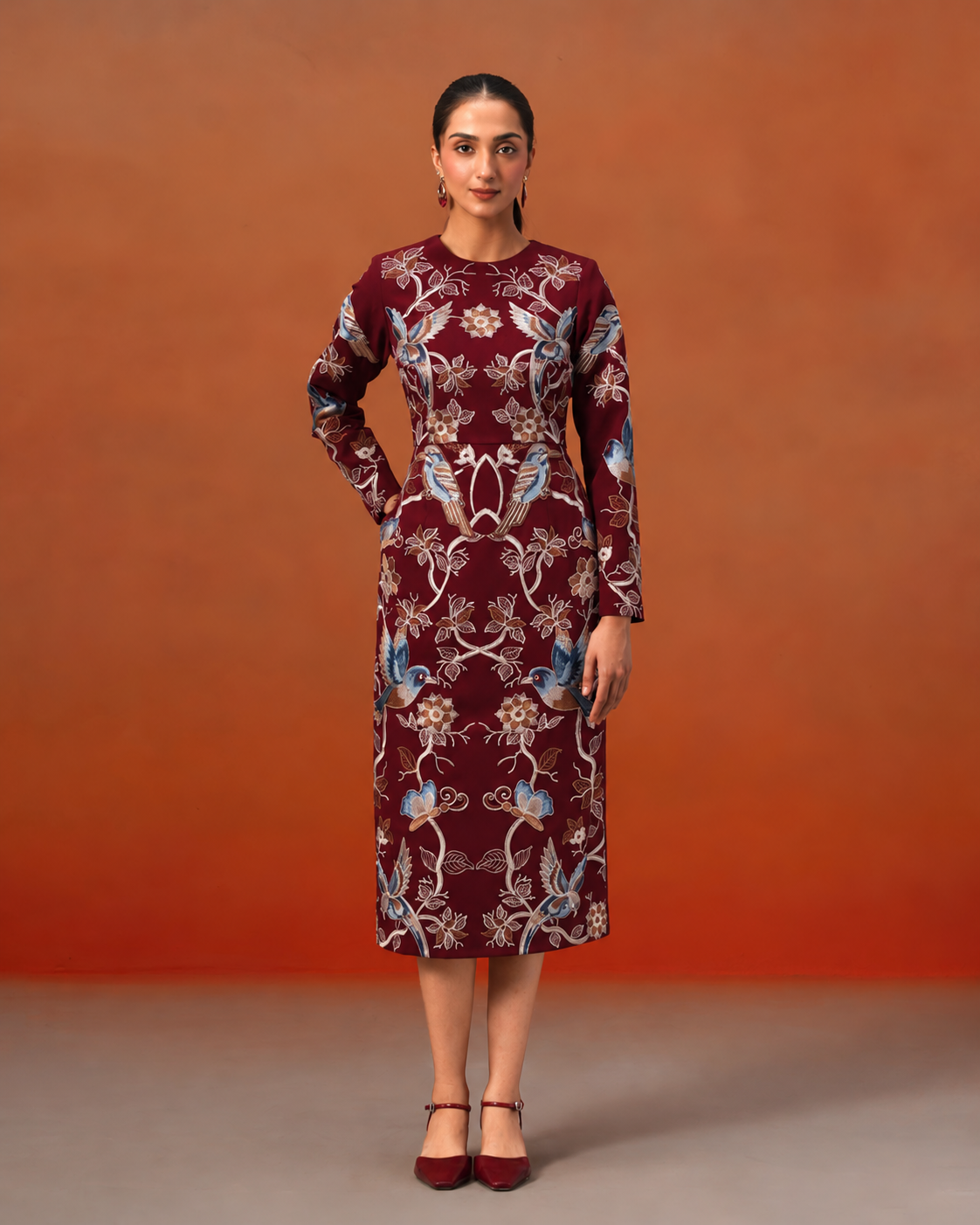 The Lumière Edit - The Valentina Burgundy Embroidered Avian Sheath Dress