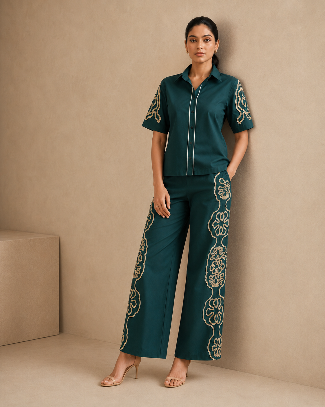 Sunset Soiree - The Jade Floral Embroidered Wide-Leg Co-ord