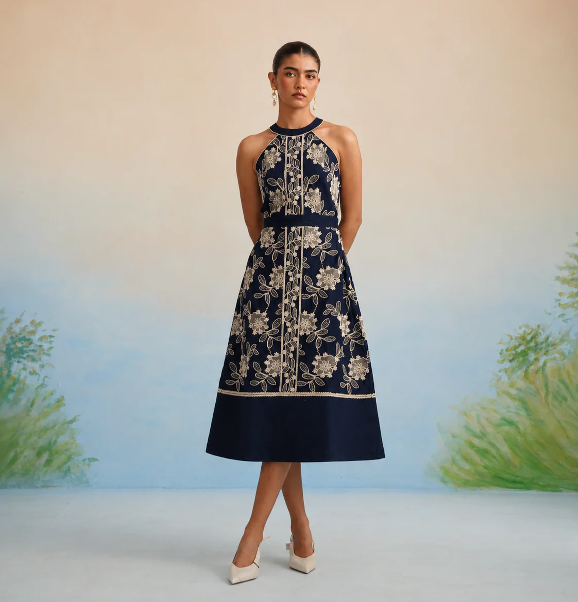 The Midnight Flora Halter Midi Dress