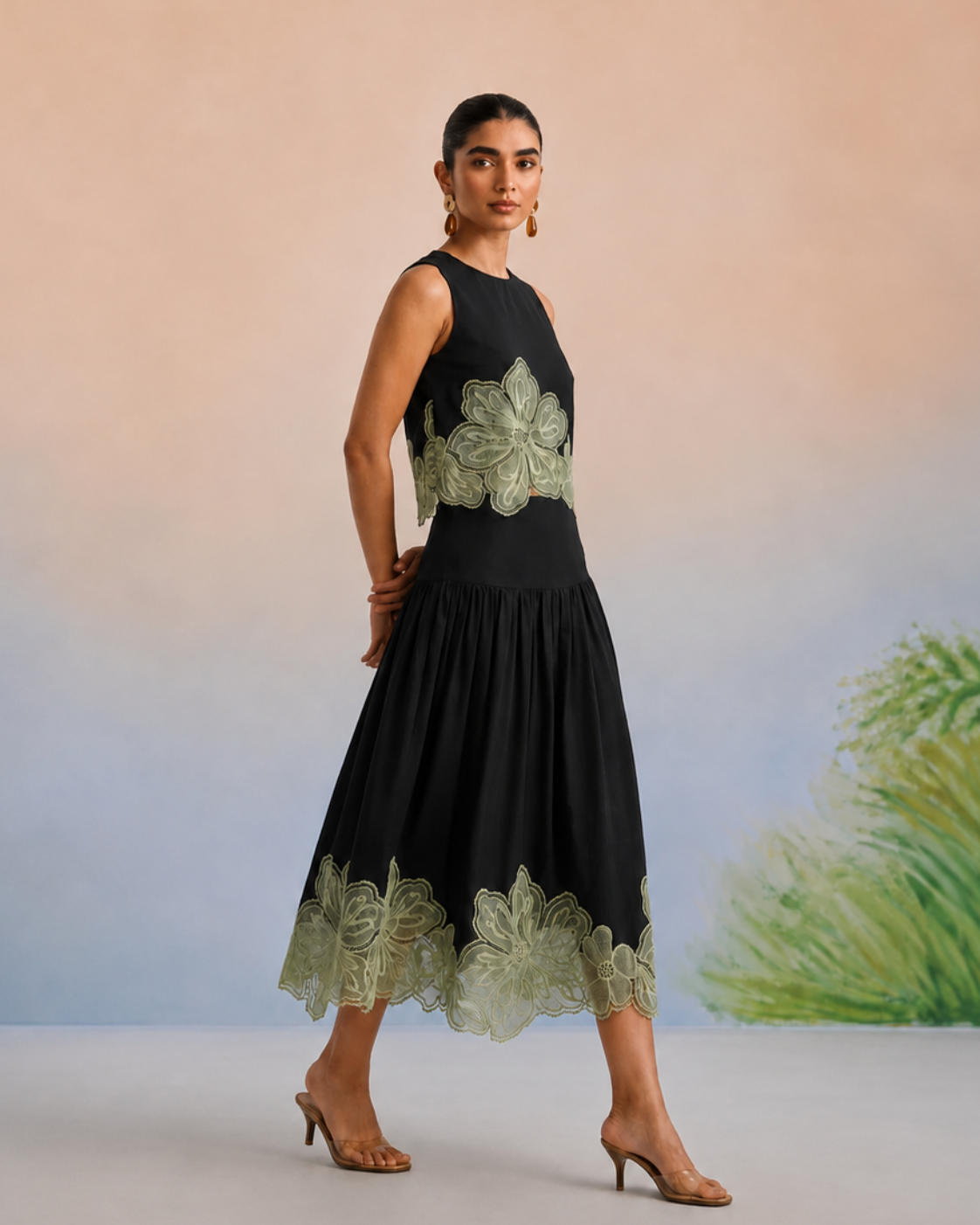 The Milan Noir & Sage Appliqué Skirt Set