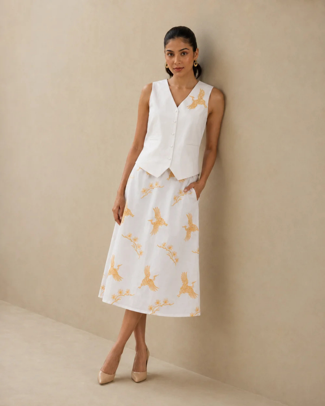 The Gilded Crane White Waistcoat & Skirt Set