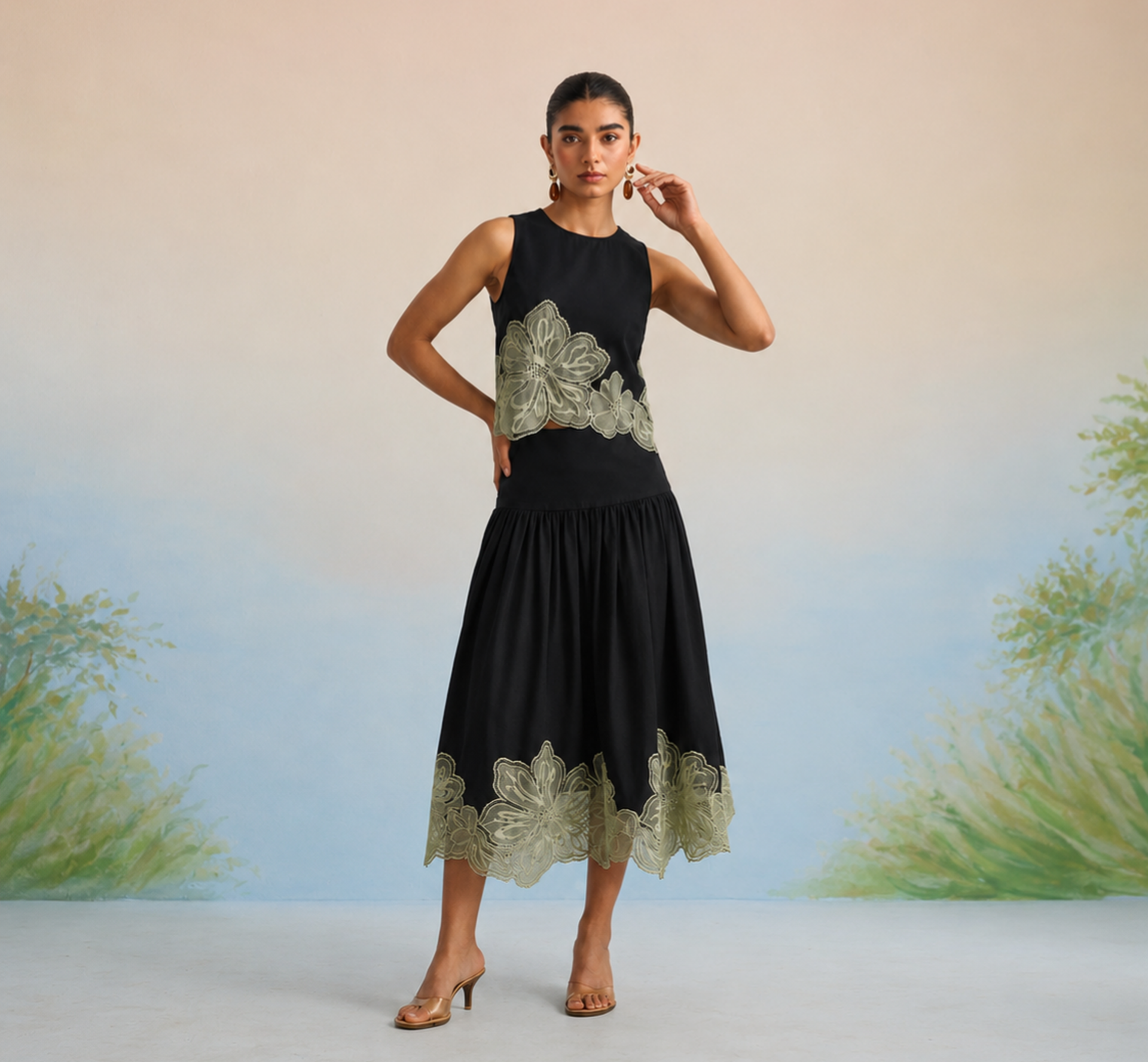 Bulevar Blossom - The Milan Noir & Sage Appliqué Skirt Set