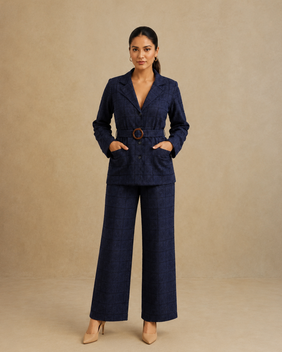 Sunset Soiree - The Midnight Navy Eyelet Belted Trouser Suit
