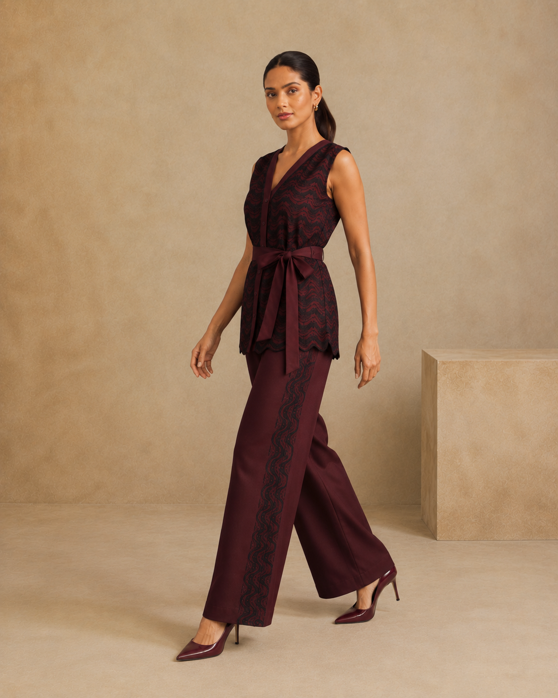 Sunset Soiree - The Merlot Wave Sleeveless Shirt & Trouser Set