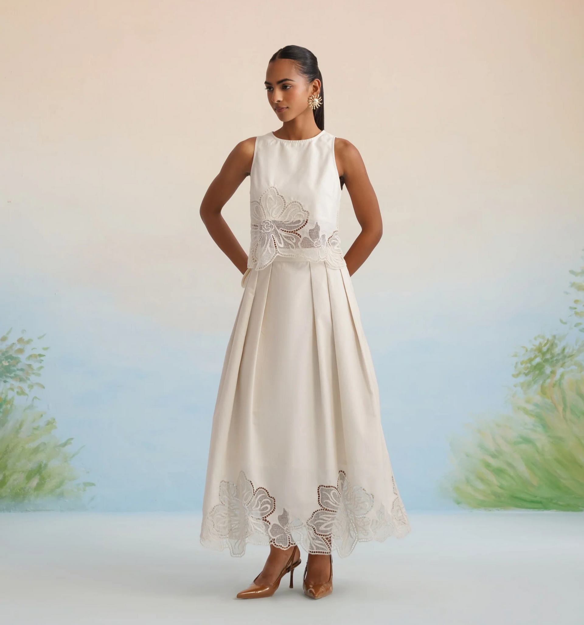 Bulevar Blossom - The Alabaster Floral Cutwork Pleated Dress