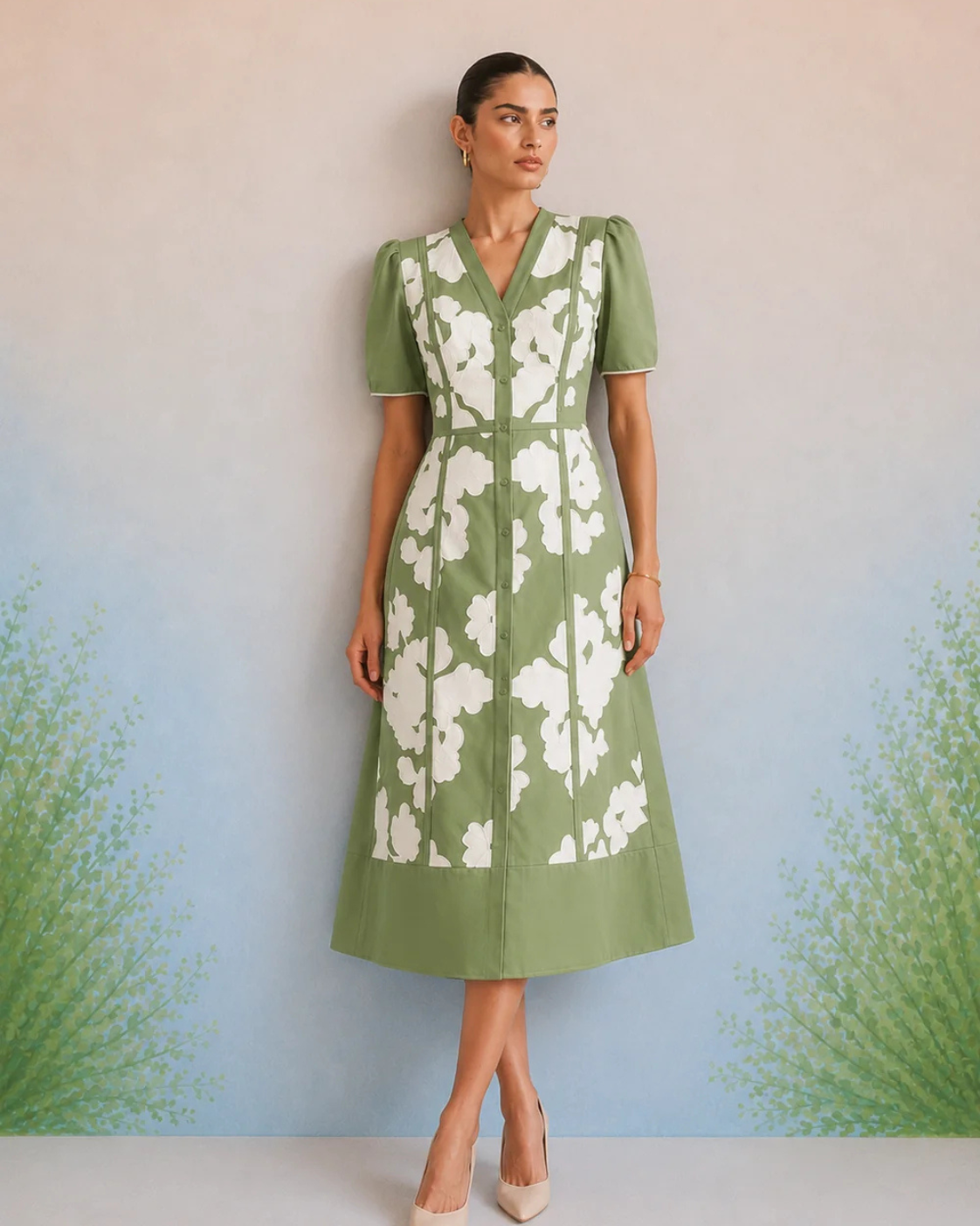 Bulevar Blossom - The Eden Green Appliqué Midi Dress