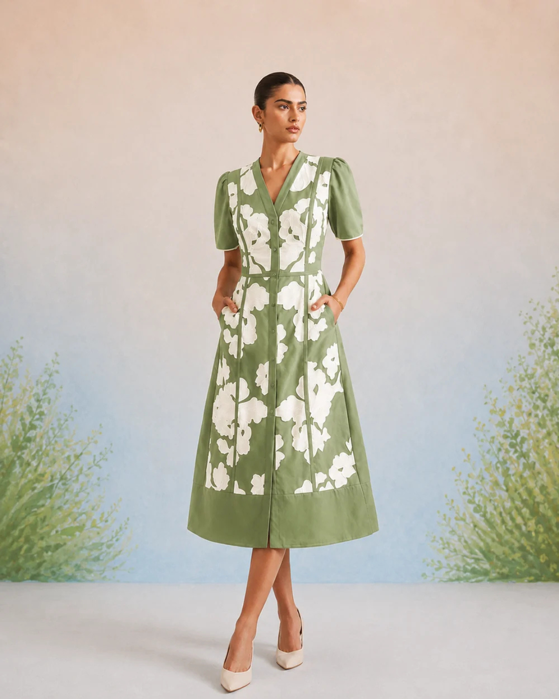 Bulevar Blossom - The Eden Green Appliqué Midi Dress