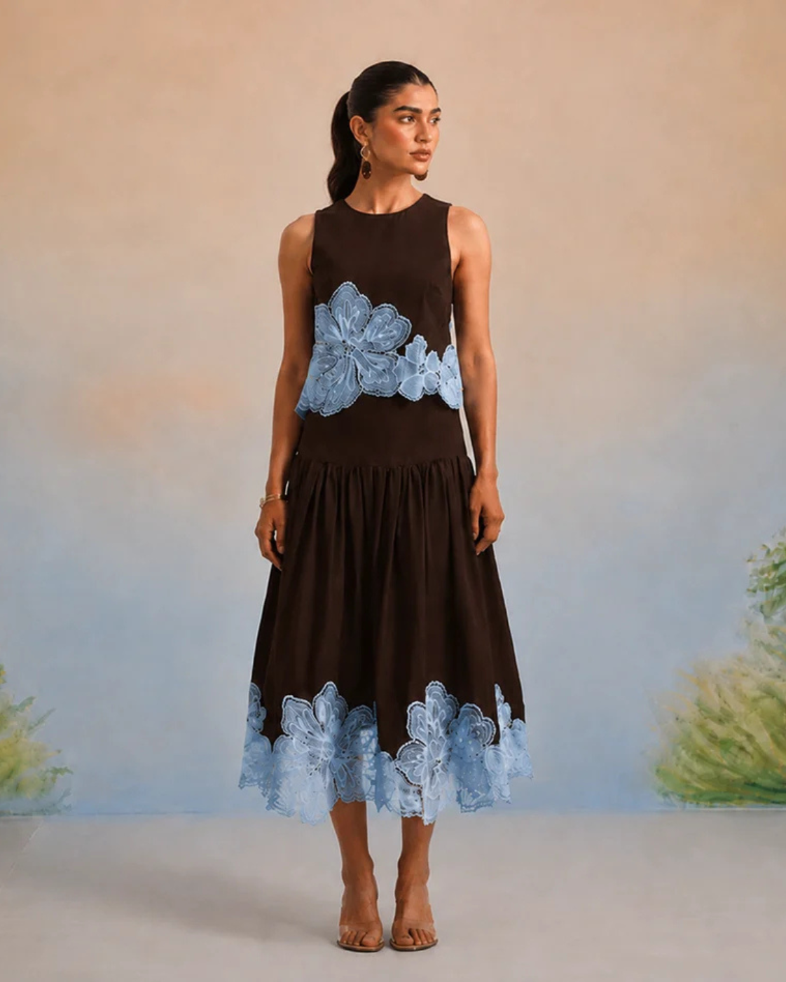 Bulevar Blossom - The Geneva Espresso & Azure Appliqué Skirt Set