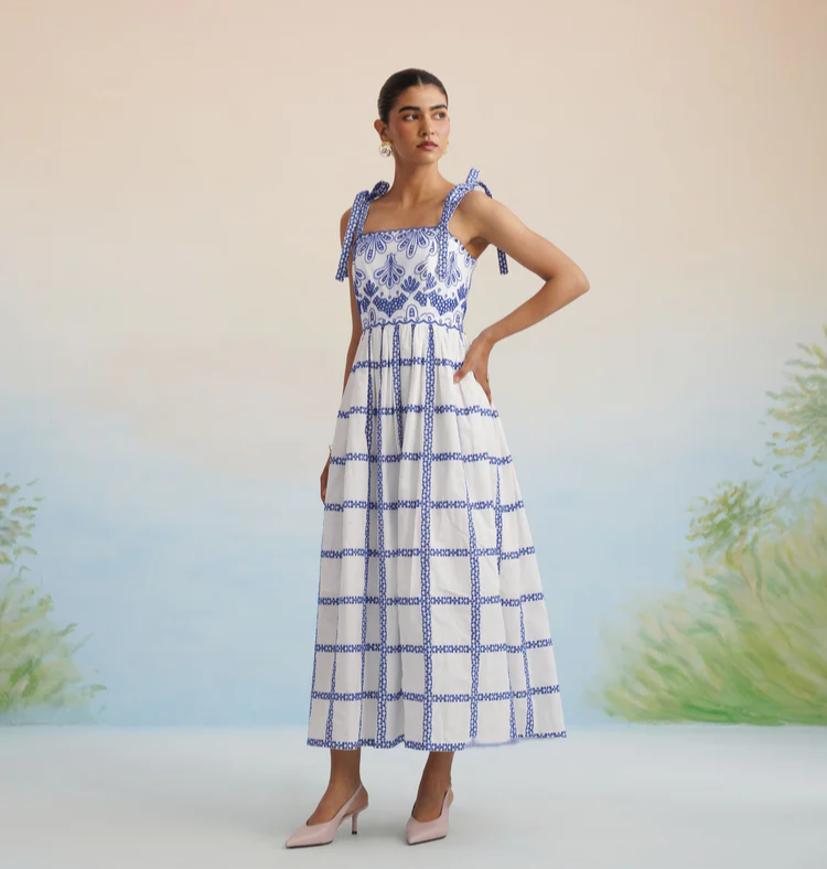 Bulevar Blossom - The Santorini Blue Tie-Shoulder Midi Dress