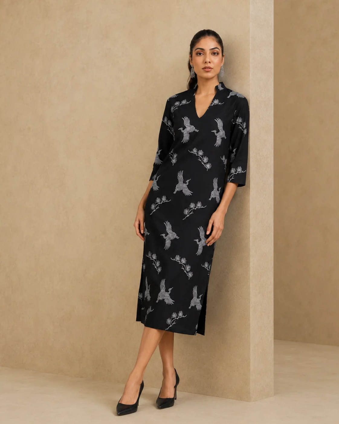 The Nori Black Floral Embroidered Midi Dress