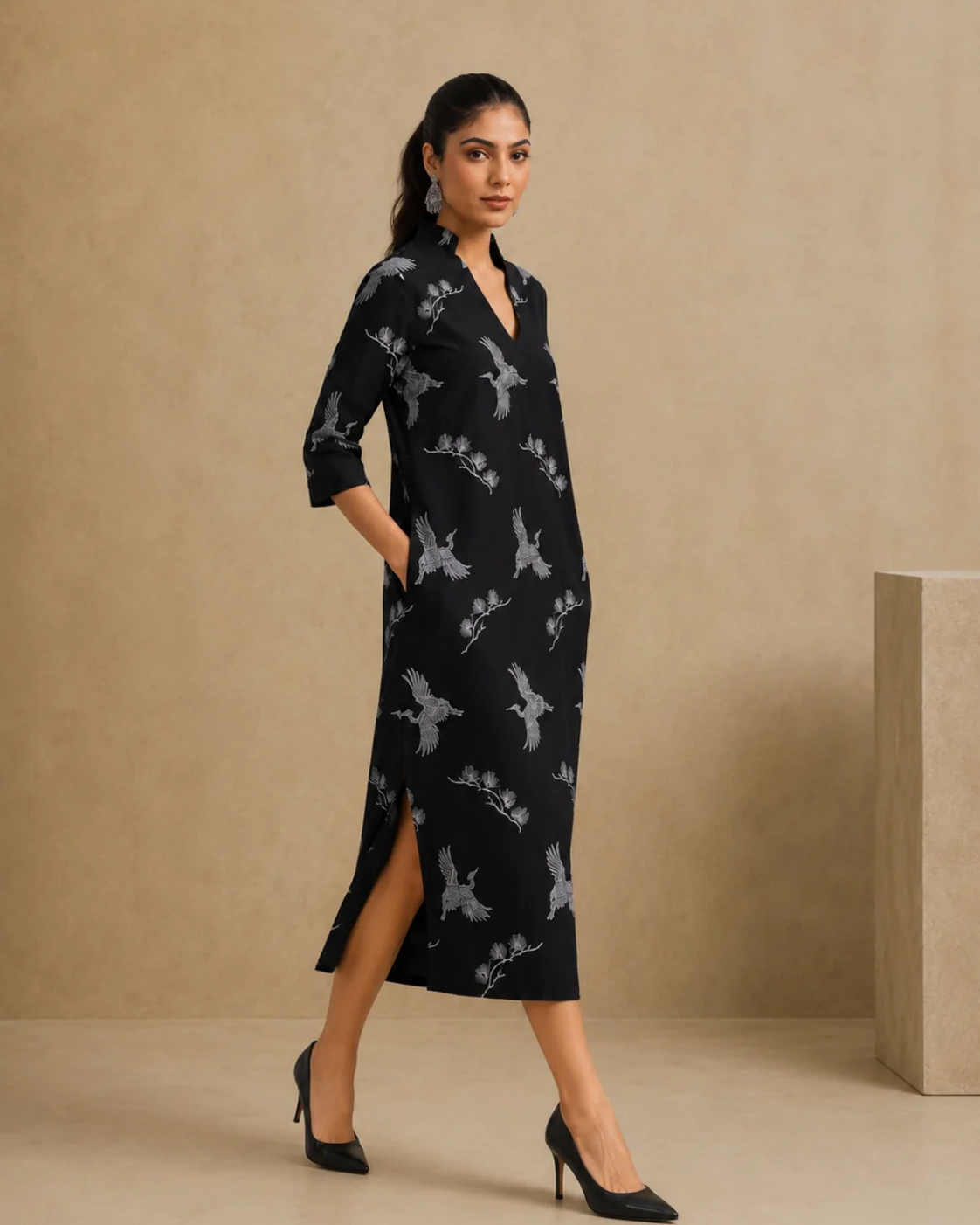 The Nori Black Floral Embroidered Midi Dress