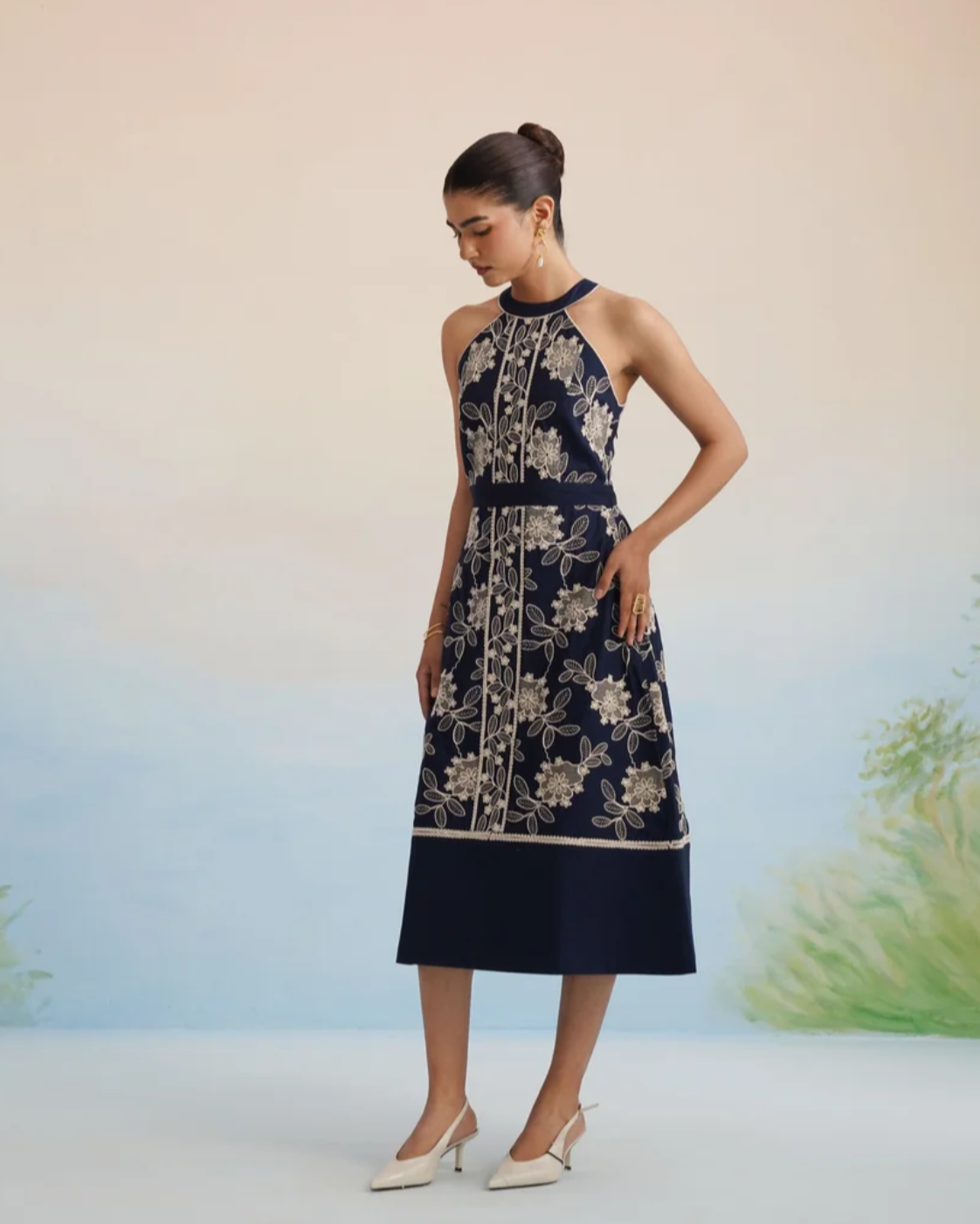 The Midnight Flora Halter Midi Dress