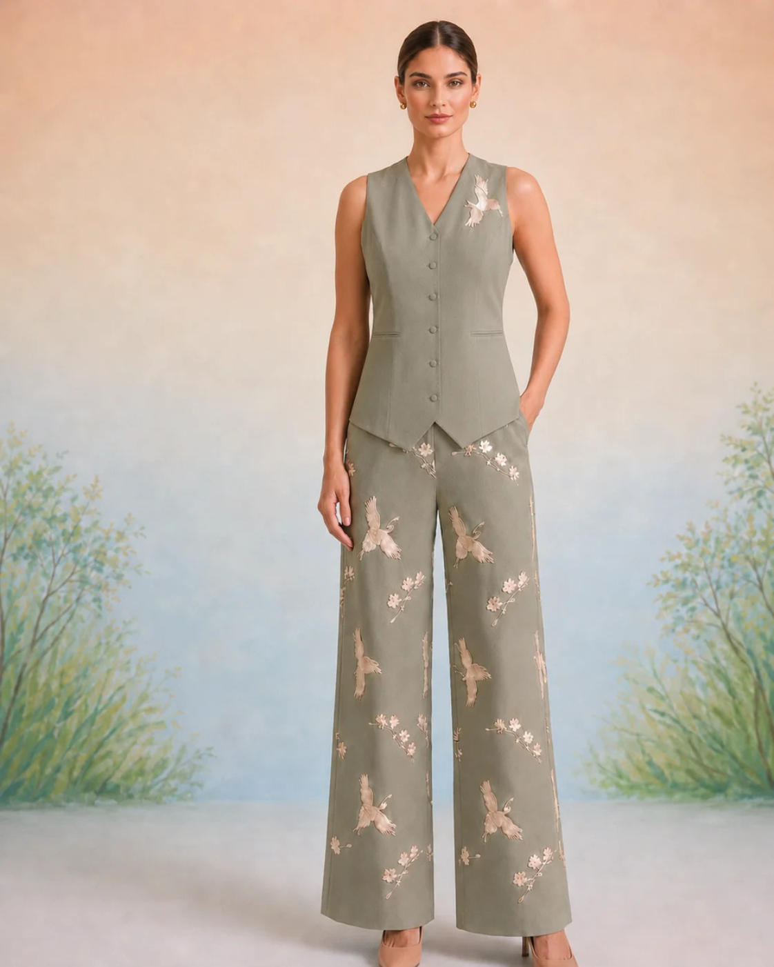 The Aveline Sage Crane Vest Set