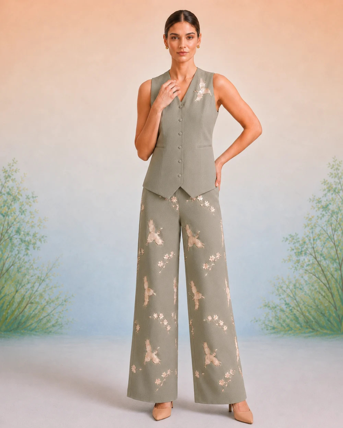The Aveline Sage Crane Vest Set