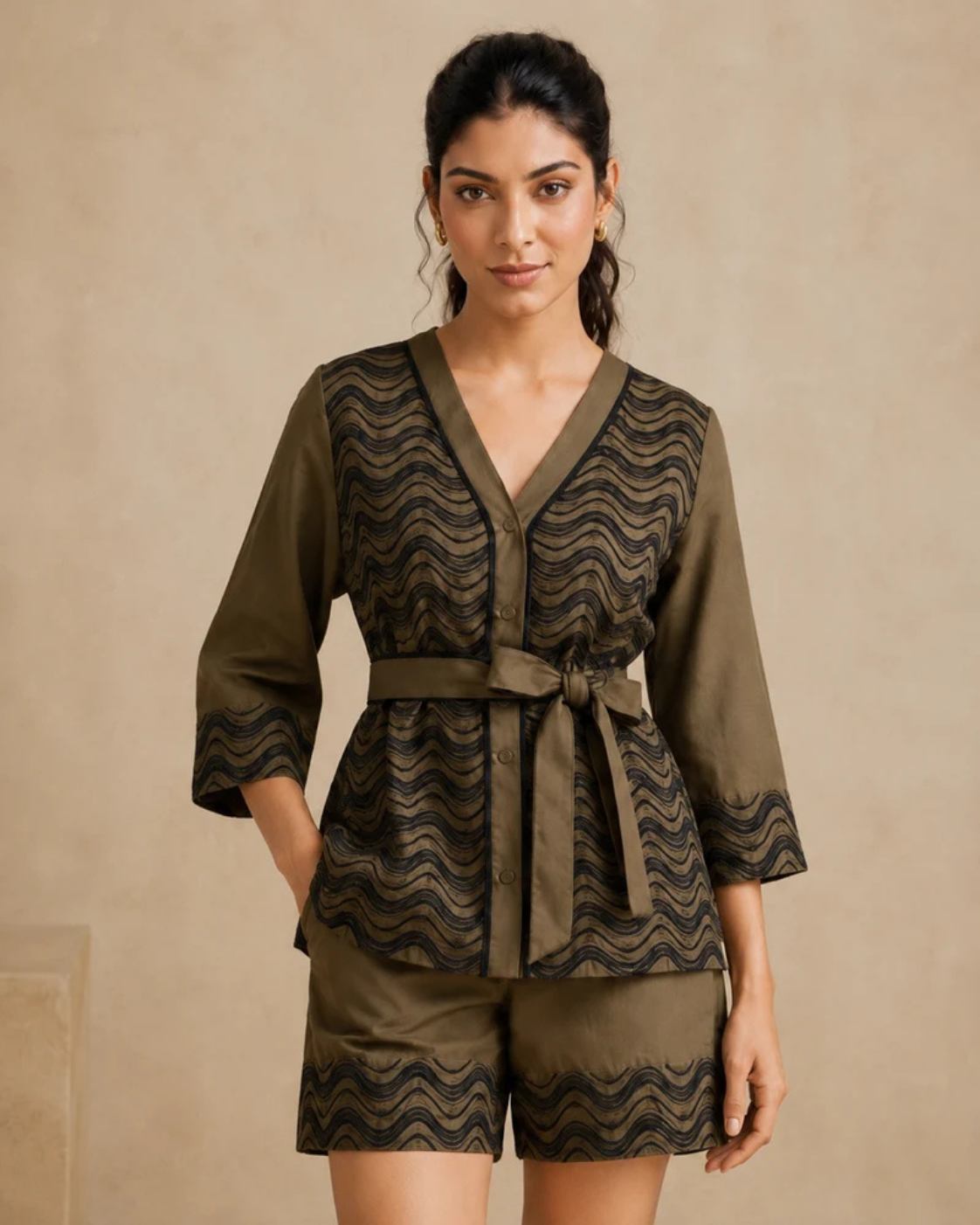 Sunset Soiree - The Arye Olive Wave Embroidered Short Set