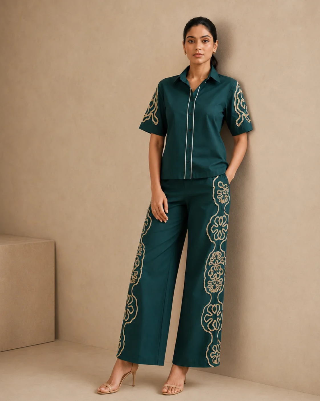 The Jade Floral Embroidered Wide-Leg Co-ord