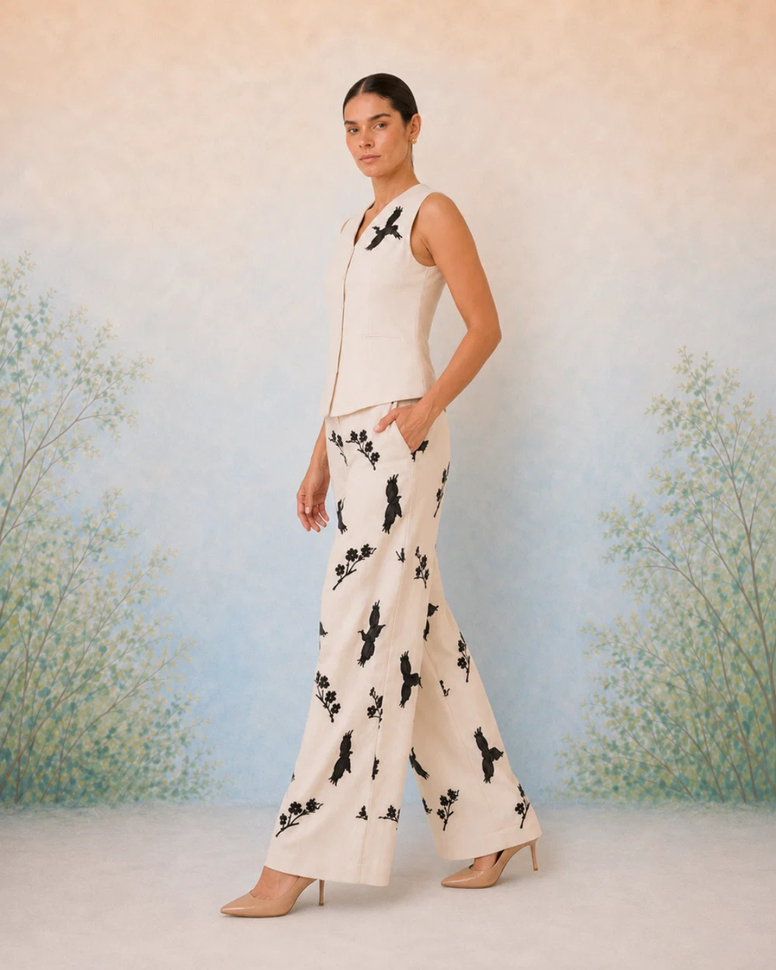 The Artemis Ivory Crane Vest Set