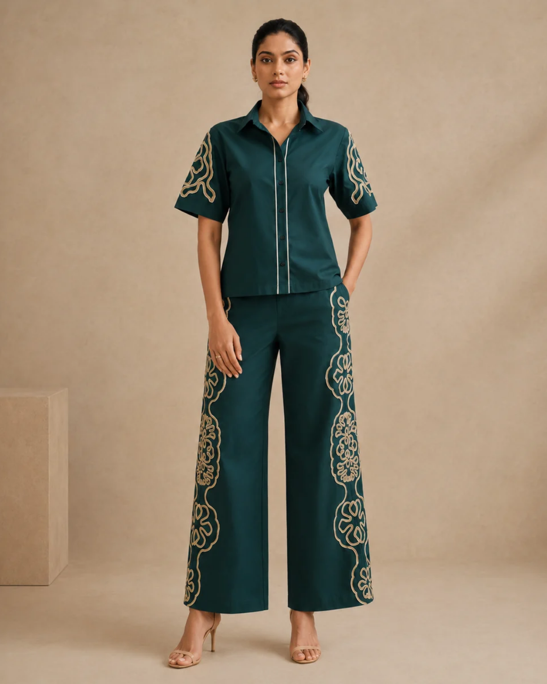 Sunset Soiree - The Jade Floral Embroidered Wide-Leg Co-ord
