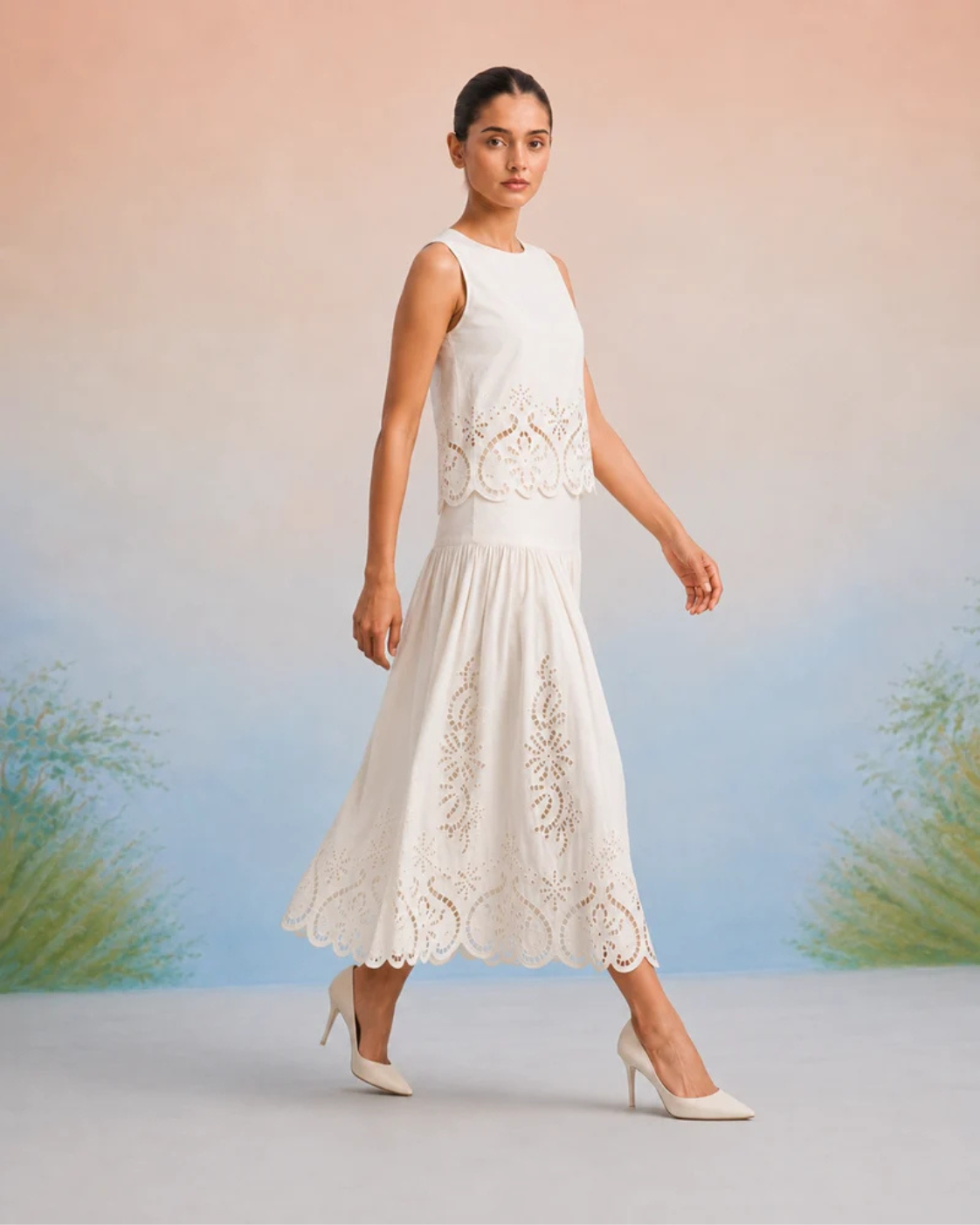 Sneha Adwani in The Verona Ivory Cutwork Skirt Set