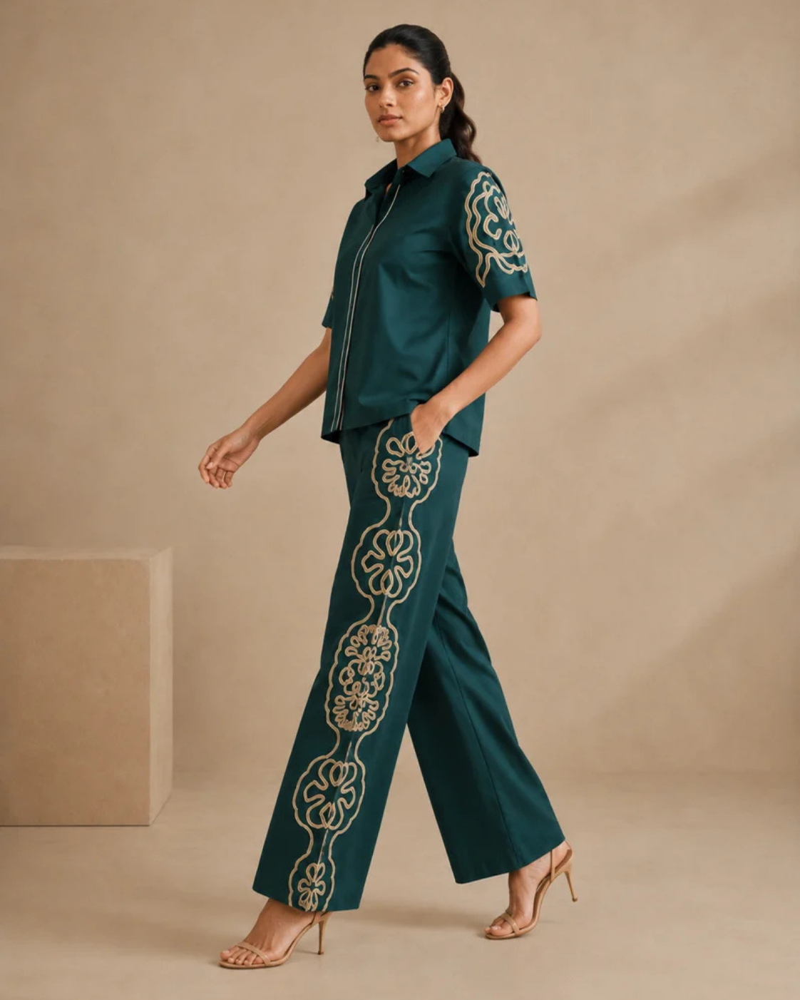 Sunset Soiree - The Jade Floral Embroidered Wide-Leg Co-ord