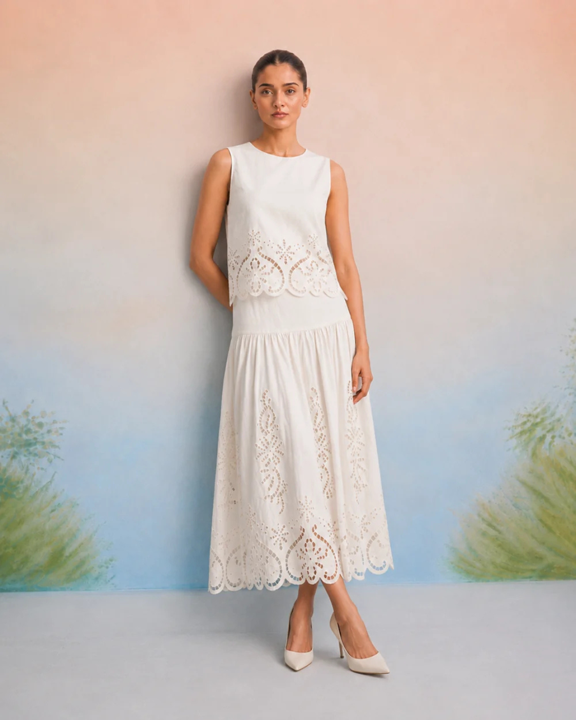 Sneha Adwani in The Verona Ivory Cutwork Skirt Set